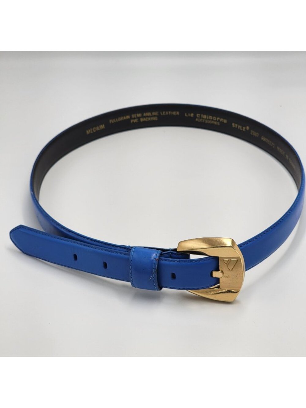 VTG 90S Blue Liz Claiborne Semi-Aniline Leather Belt With Gold Buckle - Medium S